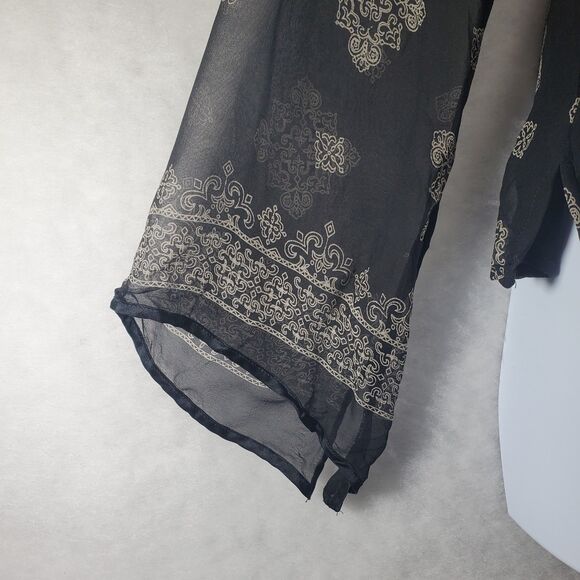 L Silk Bell Sleeve Surplice Wrap Blouse Babydoll Y2K 90s Style Sheer Top Shirt - Picture 9 of 10